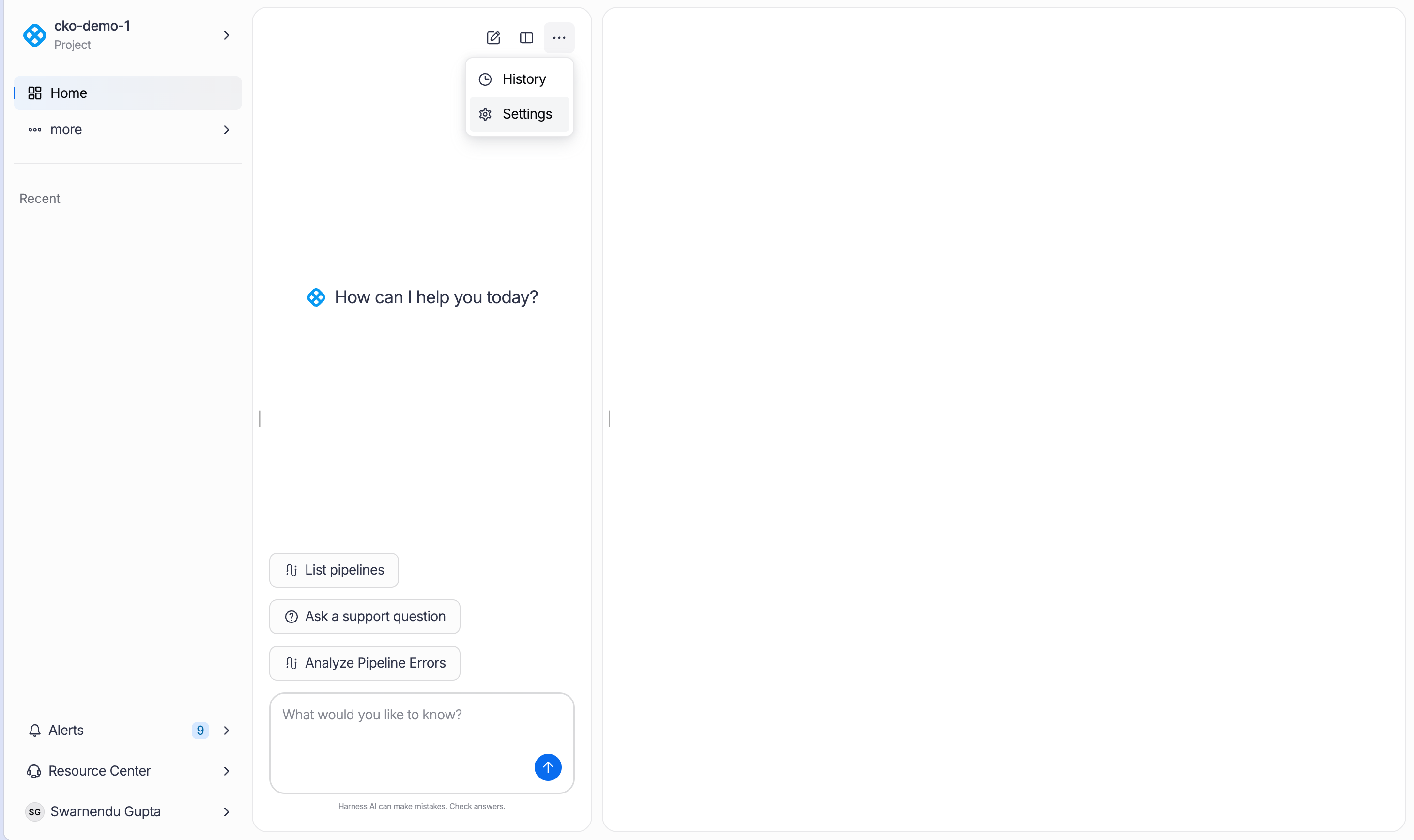 Harness AI chat more options menu with History and Settings entries