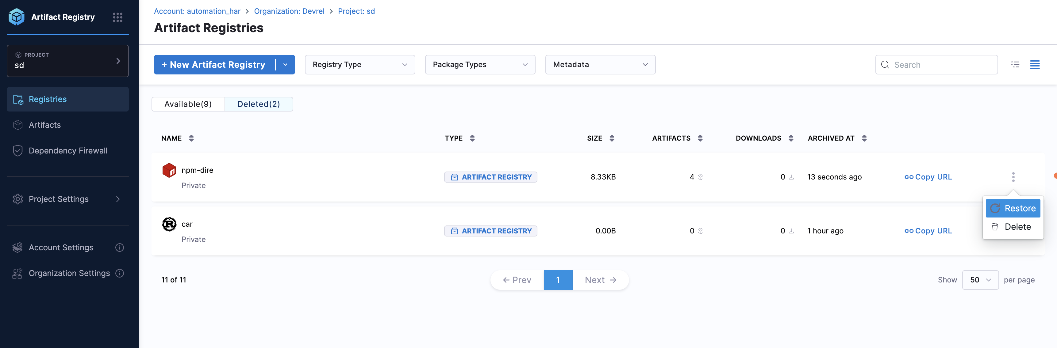 Artifact Registries Deleted tab with row menu showing Restore and Delete