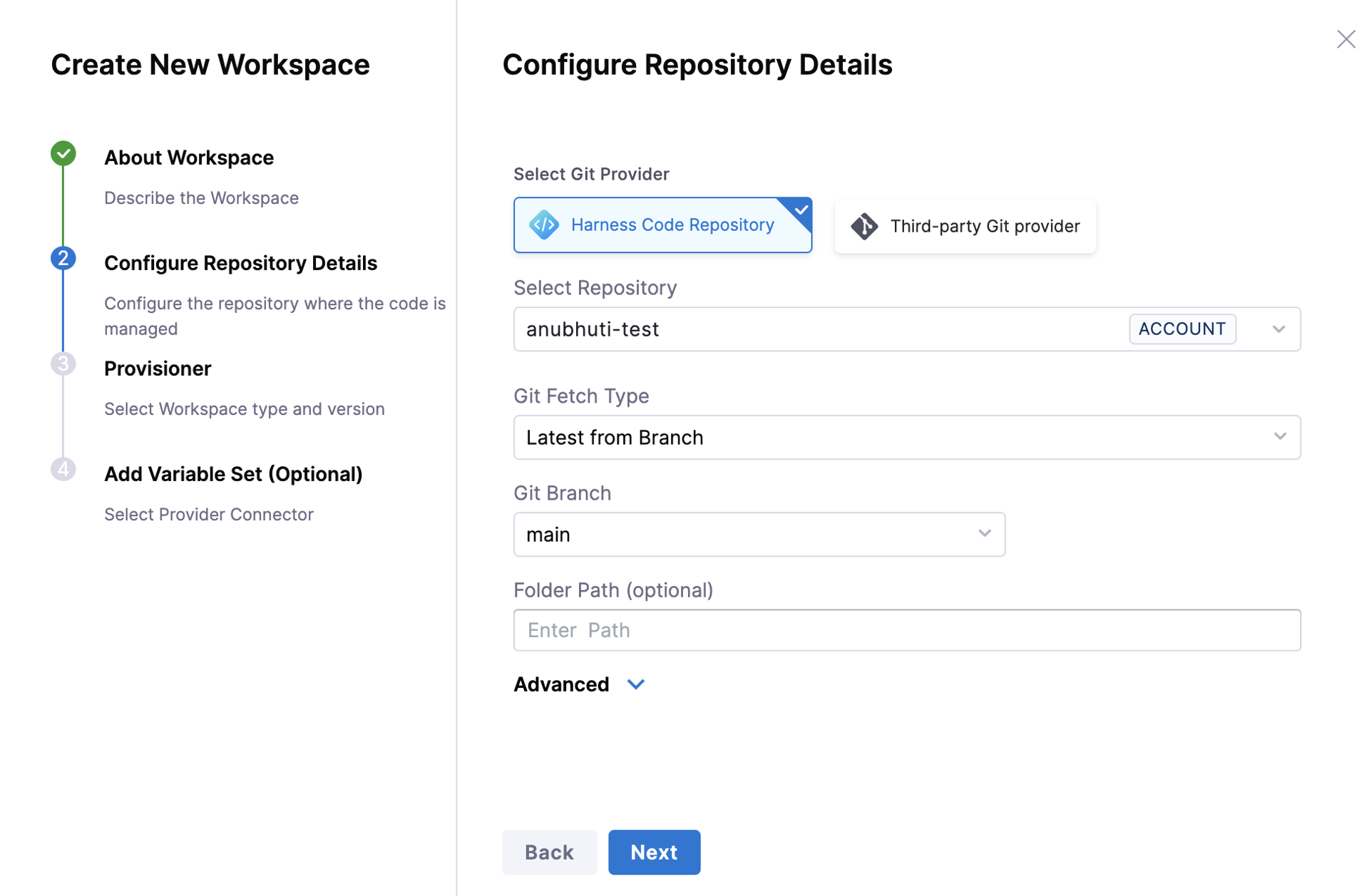 Configure repository details panel showing Git provider and branch settings