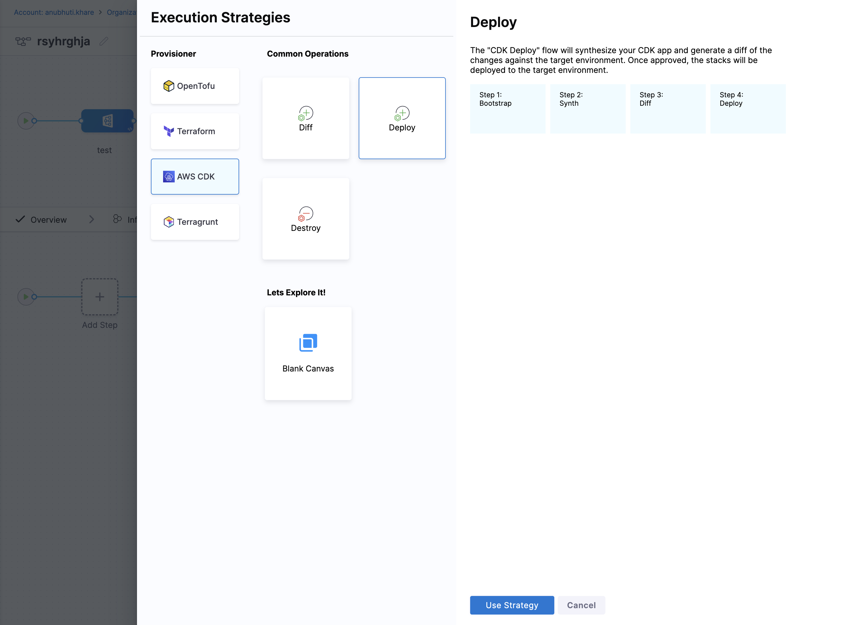 Execution Strategies panel showing AWS CDK provisioner and Deploy operation selected