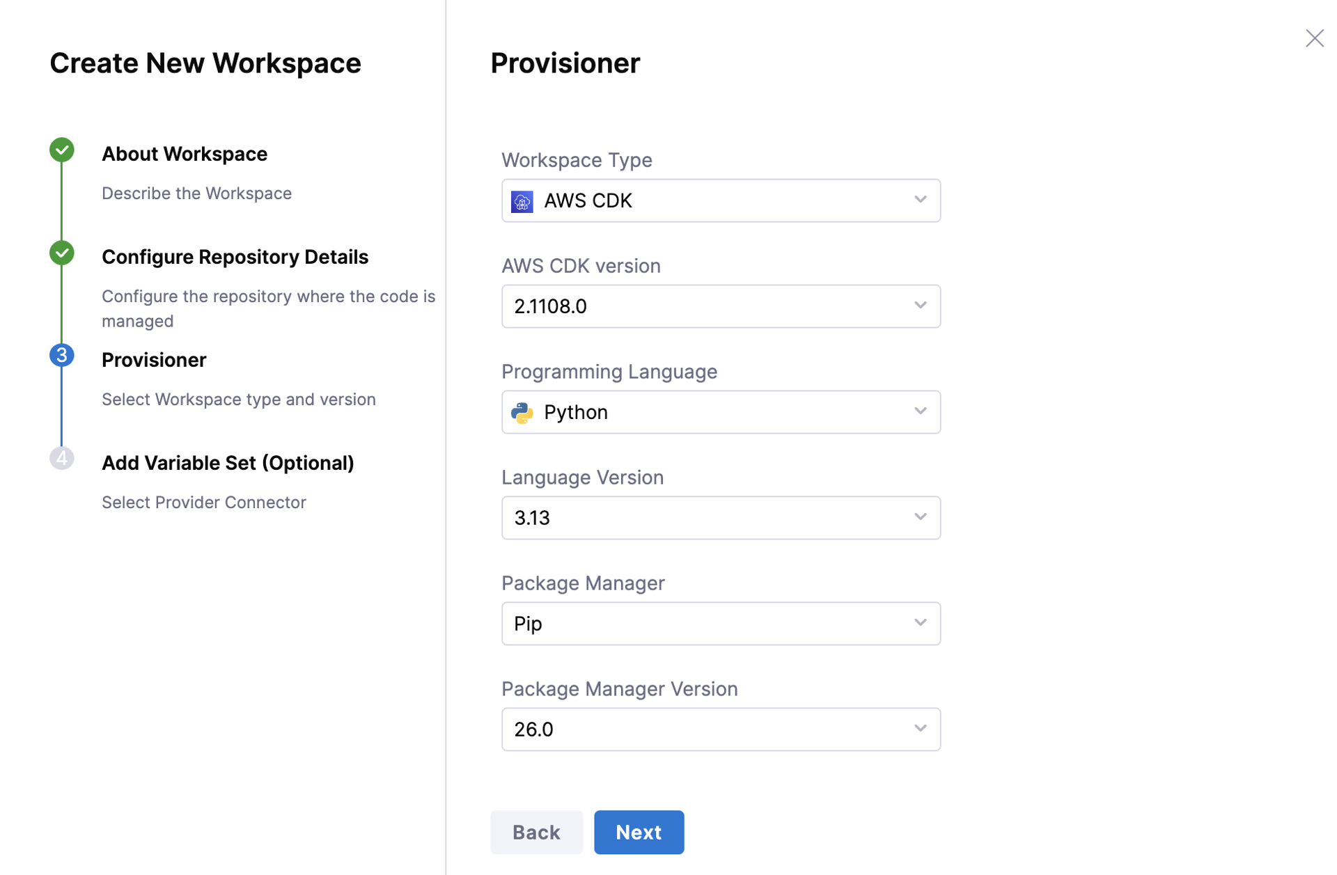 Provisioner panel showing CDK language and version settings