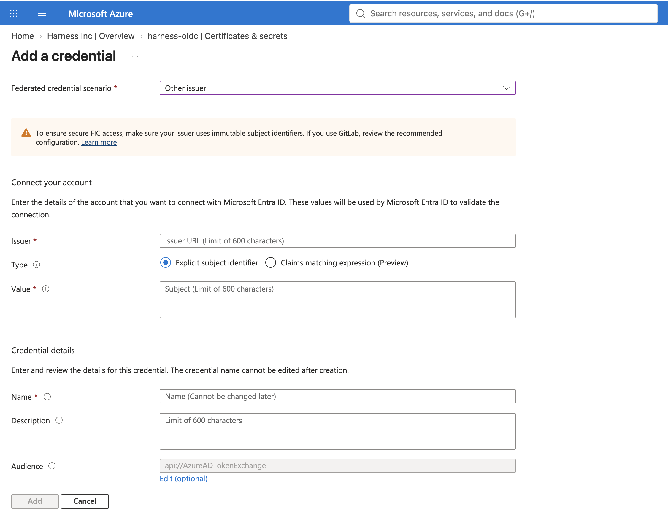 Azure Add a credential panel showing the Other issuer scenario with Issuer, Value, and Audience fields.
