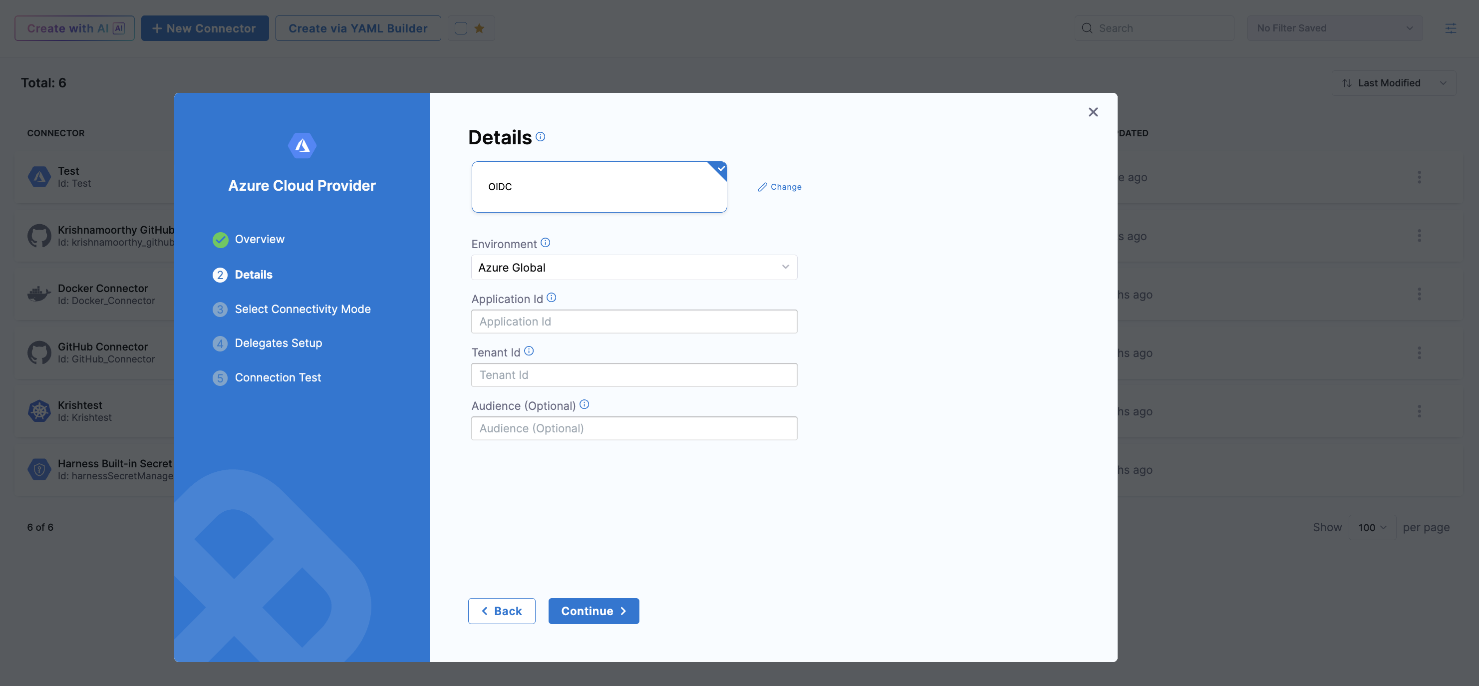 Harness Azure connector Details screen showing the OIDC Authentication option selected with Environment, Application Id, Tenant Id, and Audience fields.