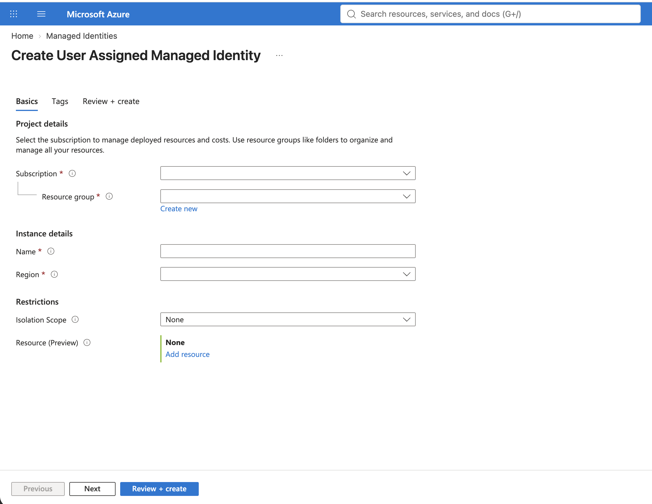 Azure Create User Assigned Managed Identity form showing Subscription, Resource group, Name, and Region fields.