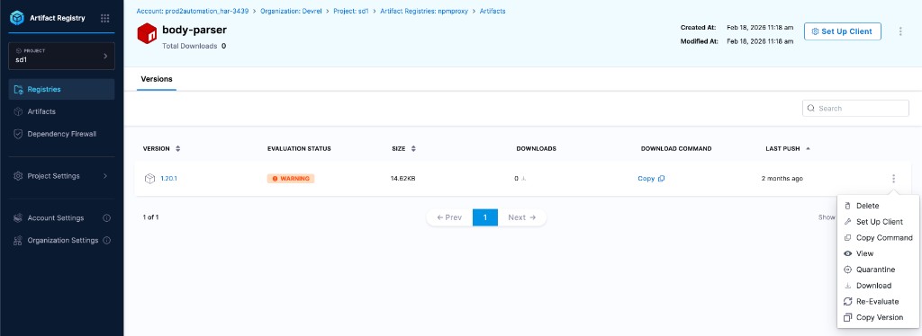 npm package Versions tab with row menu open showing Copy Version among other actions