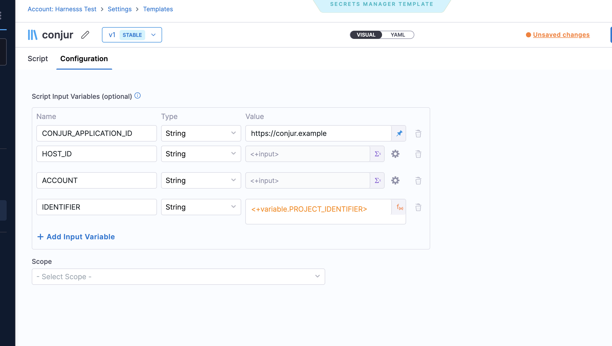 The image displays the configuration tab for setting up a Secrets Manager template. The user has defined four variables of the string data type, each with configurable values that can be set as runtime inputs, expressions, or fixed values.