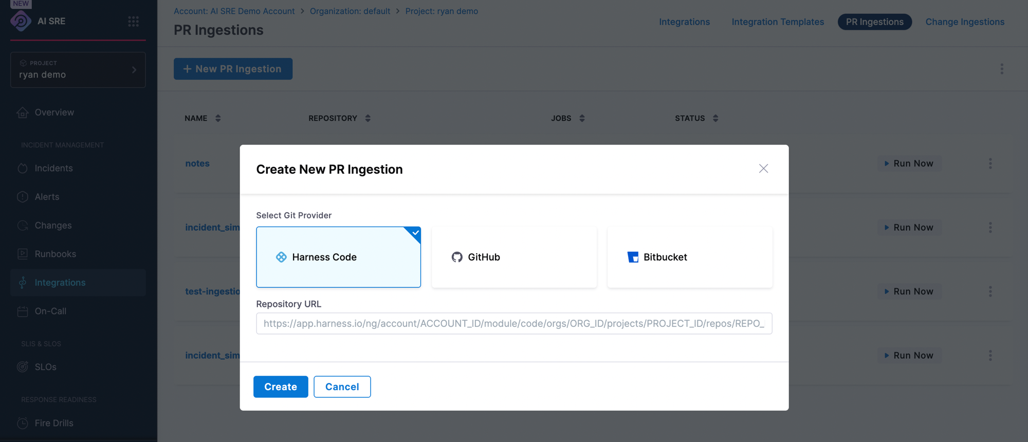 Create New PR Ingestion dialog with Harness Code selected as the Git provider and a repository URL field