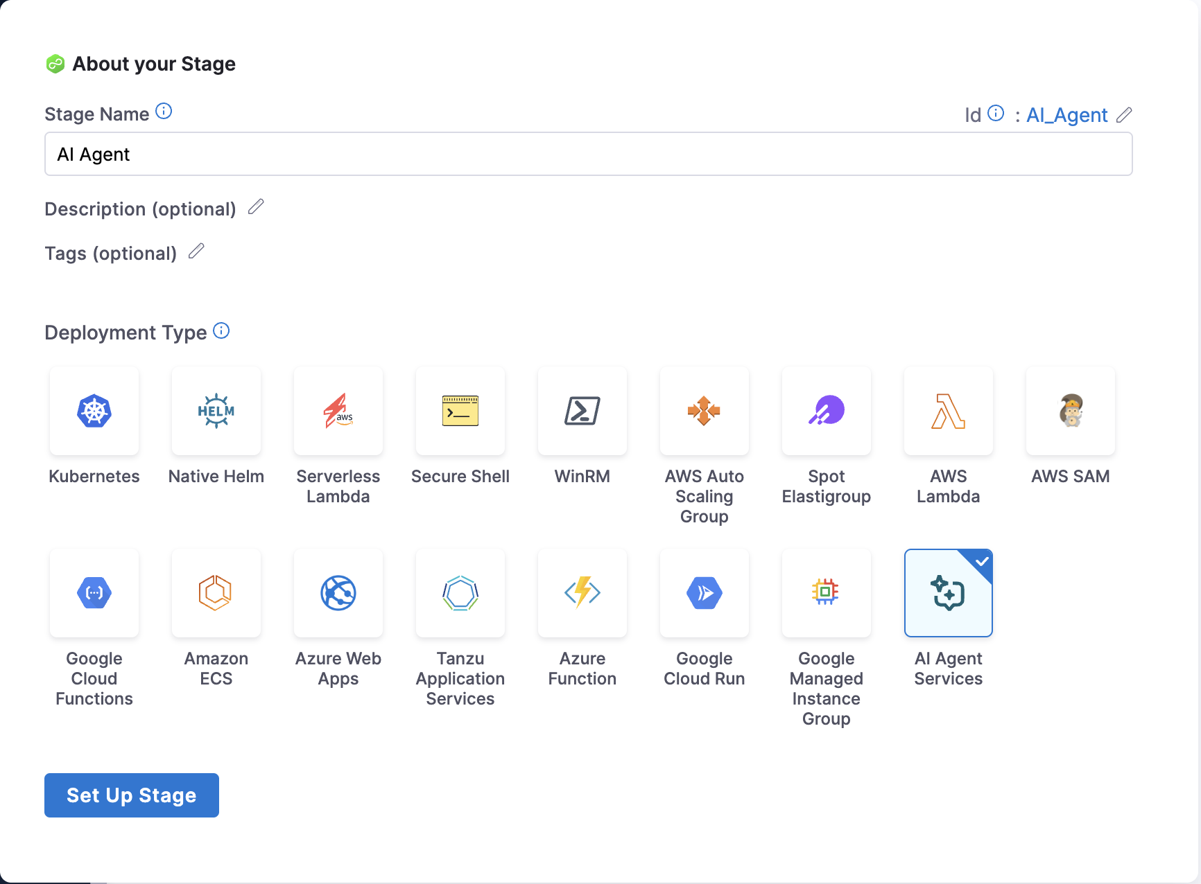 Click to view full size Stage deployment type selection with AI Agent Services selected