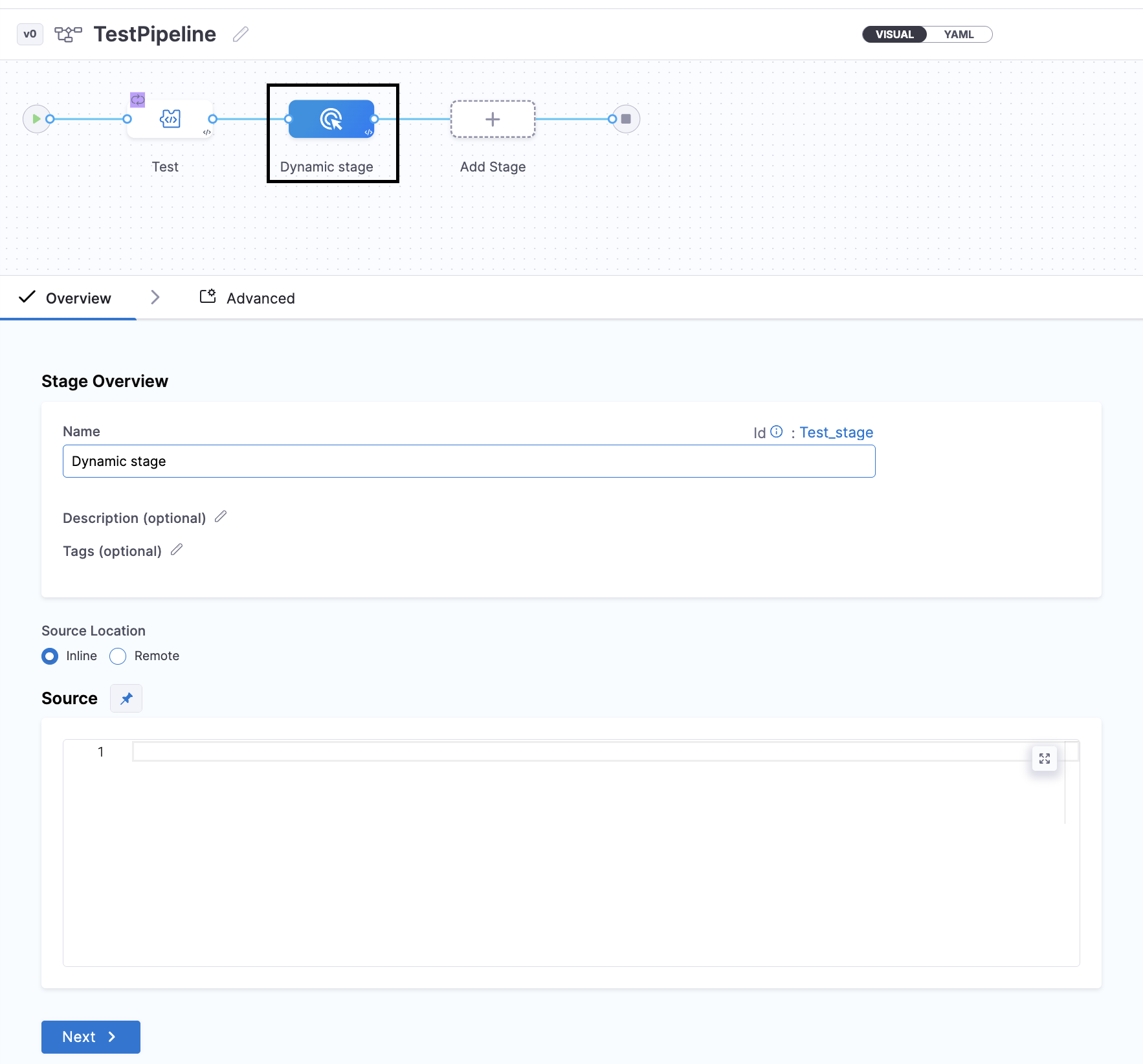 Click to view full size image Dynamic stage configuration showing Source Location option
