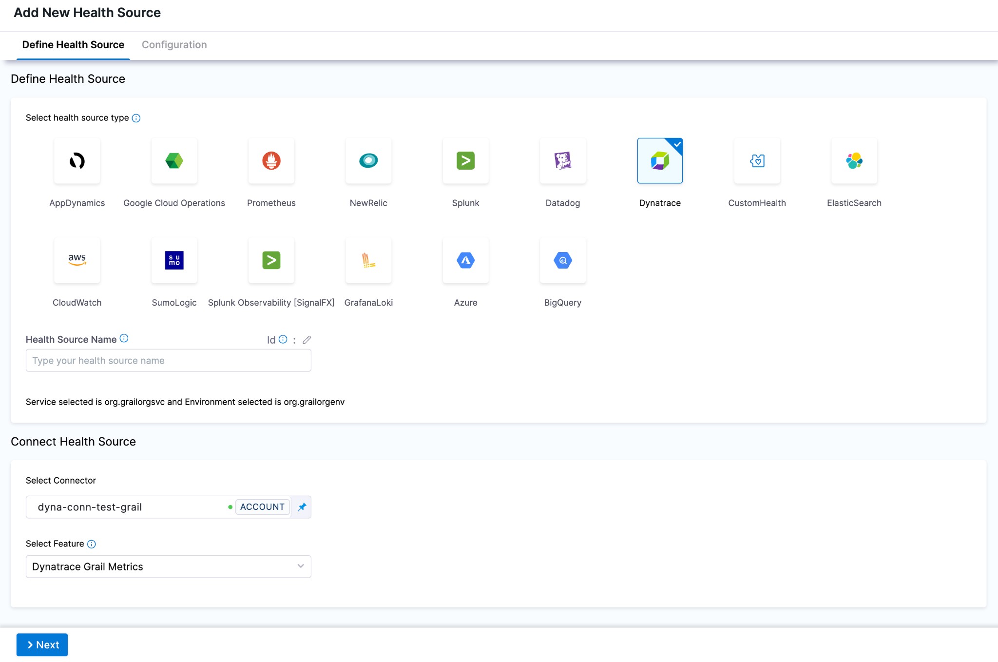 Define Health Source — Dynatrace Grail Metrics selected