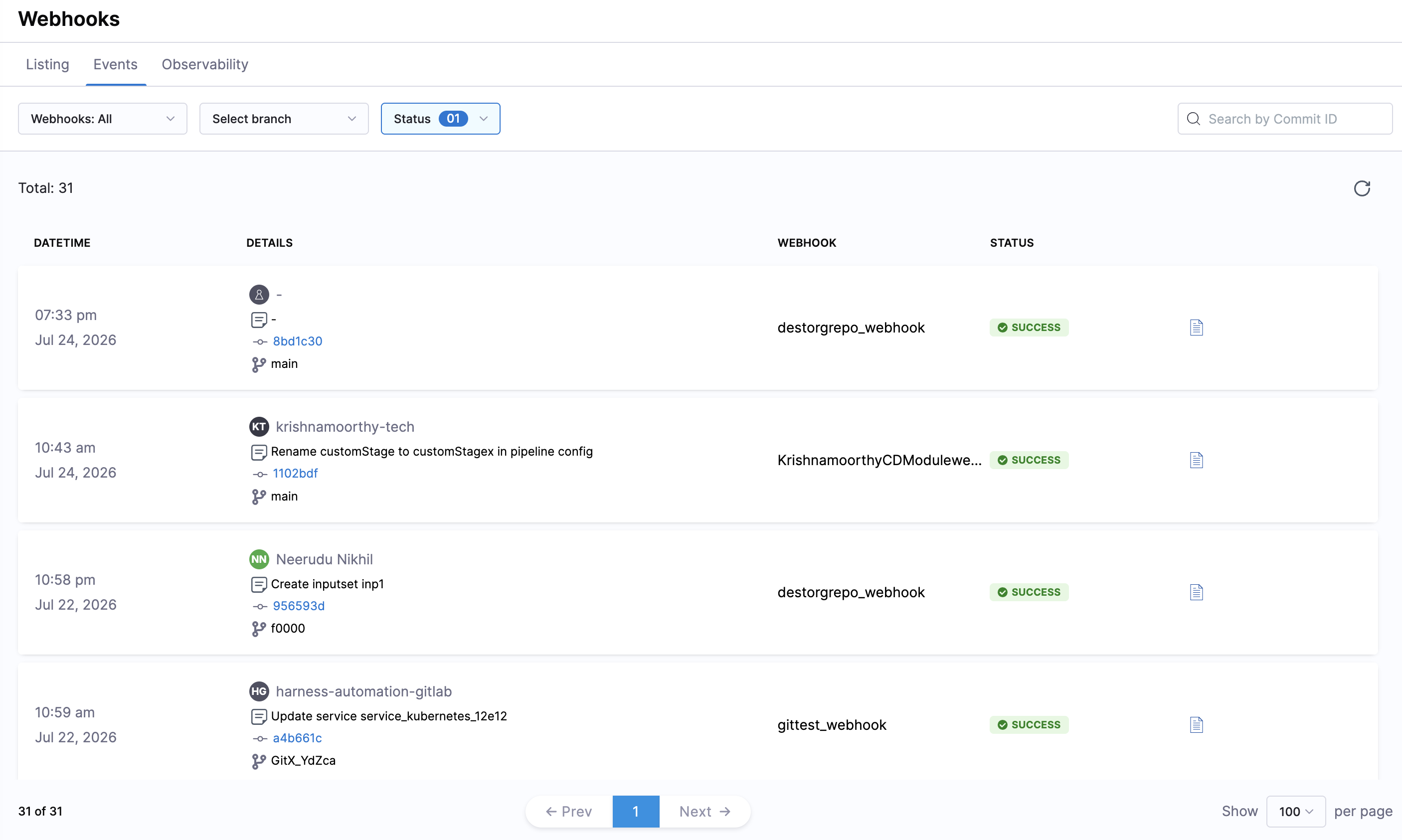 Events tab on the Webhooks page
