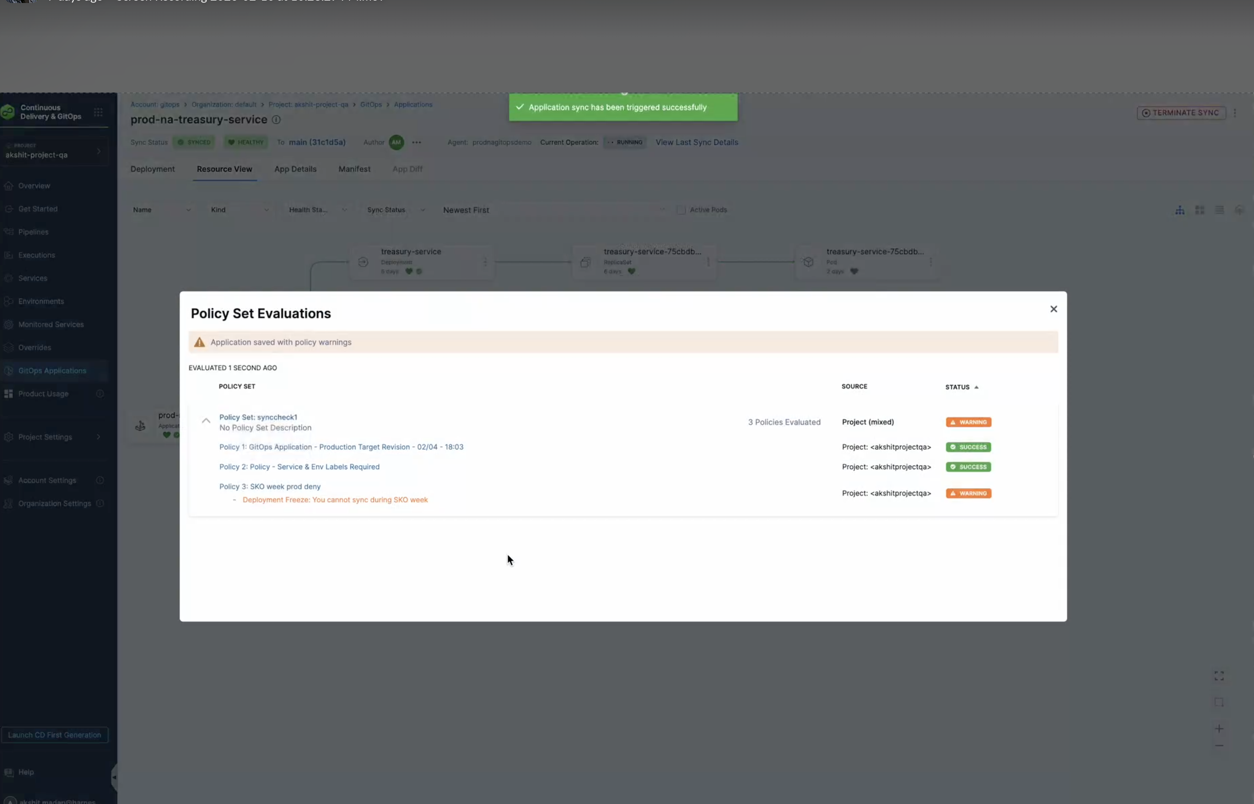 Policy evaluation modal during sync