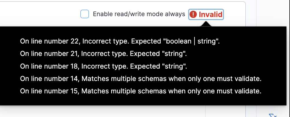 Click to view full size image Invalid indicator in the YAML editor