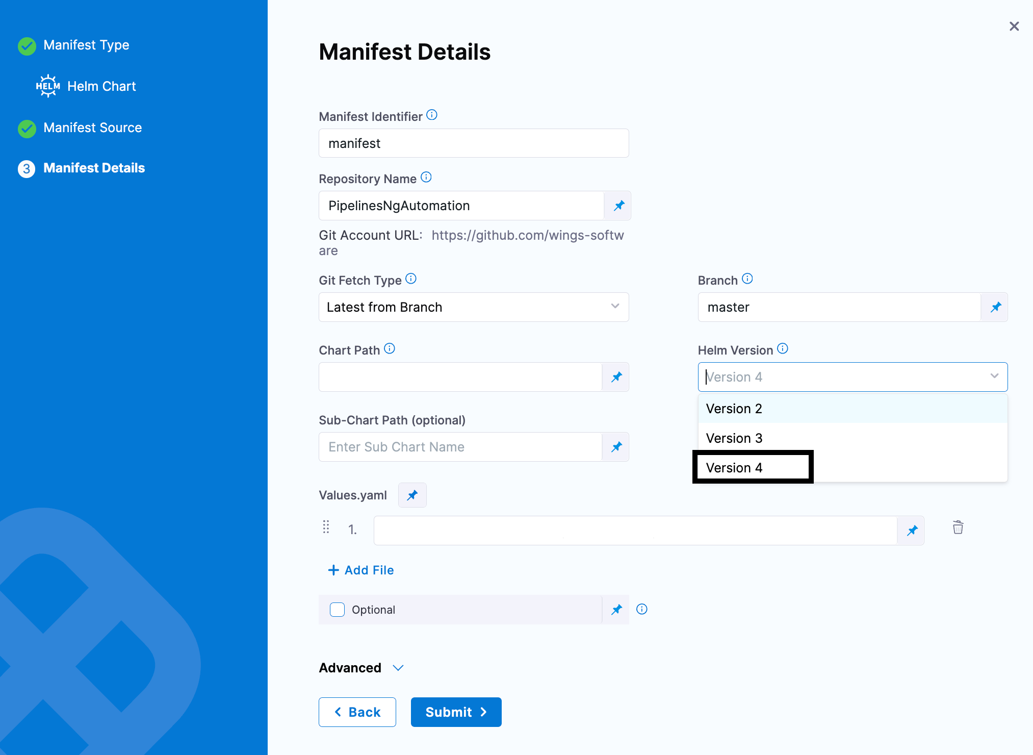 Helm Version dropdown showing Version 3 and Version 4 options