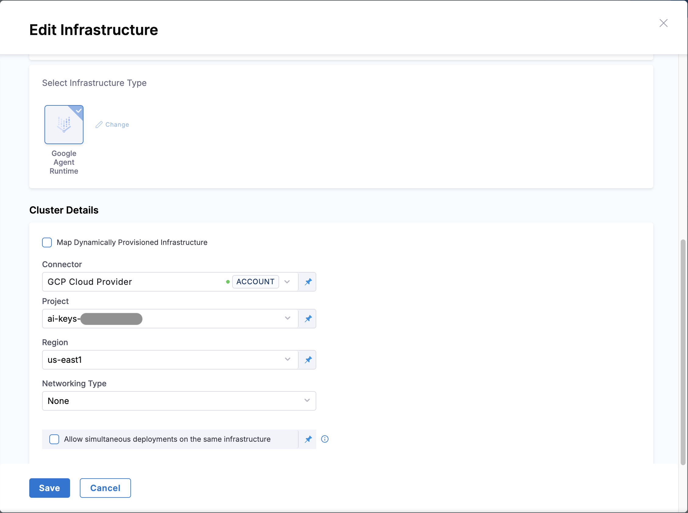 Edit Infrastructure panel for Google Agent Runtime showing connector, project, region, and networking type