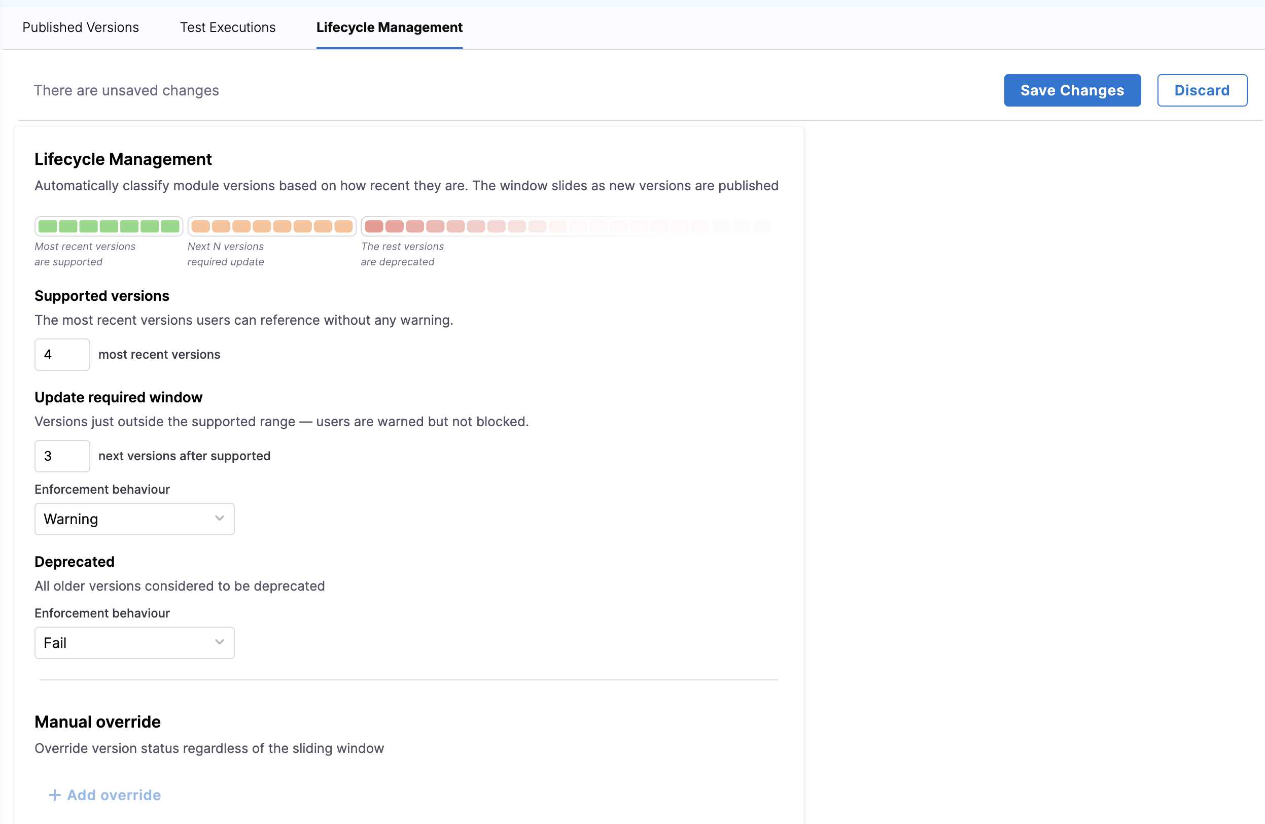 Lifecycle Management tab showing the Supported versions, Update required window, and Deprecated enforcement fields