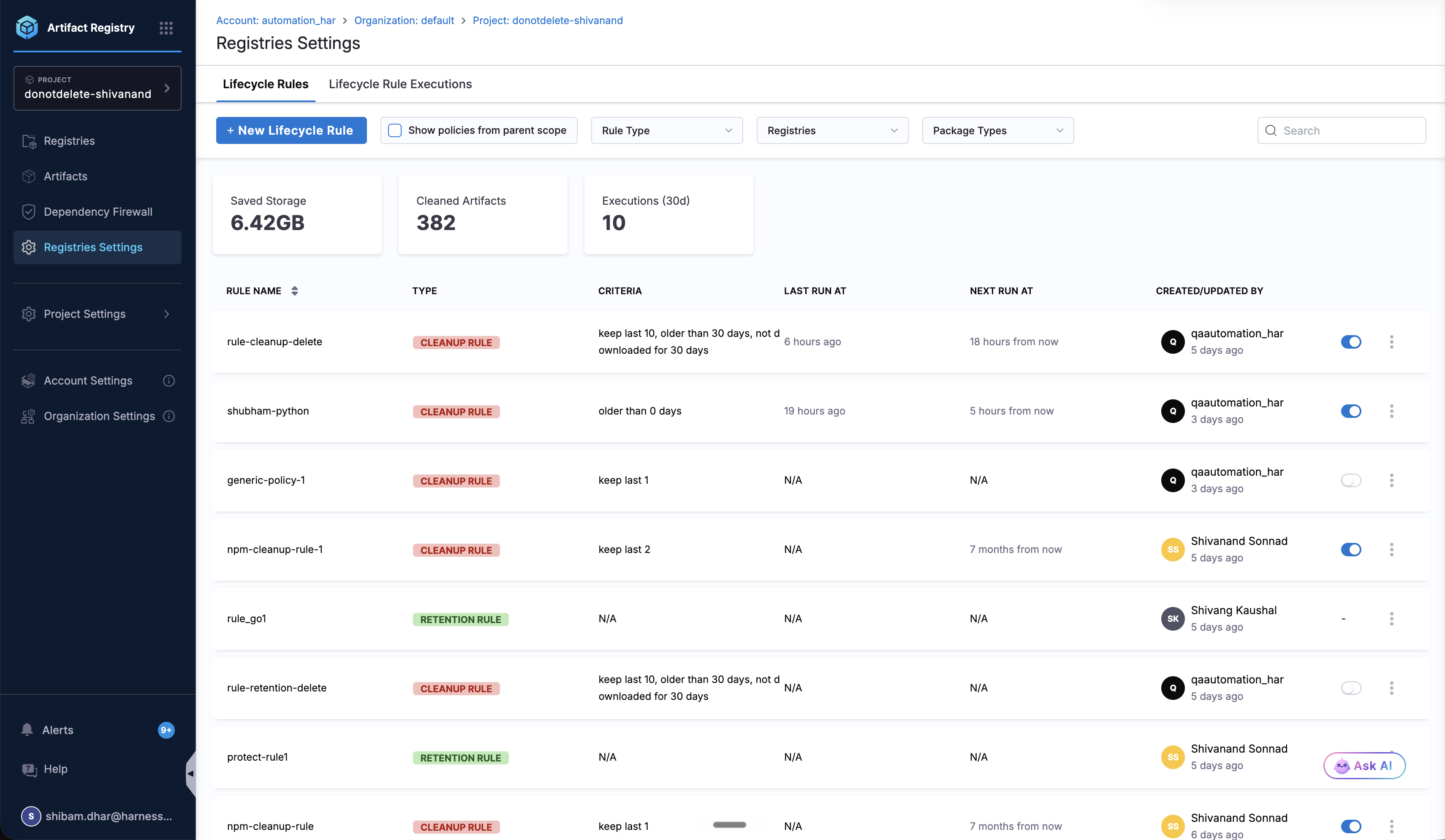 Lifecycle rules list showing rule names, types, criteria, run times, and toggle switches