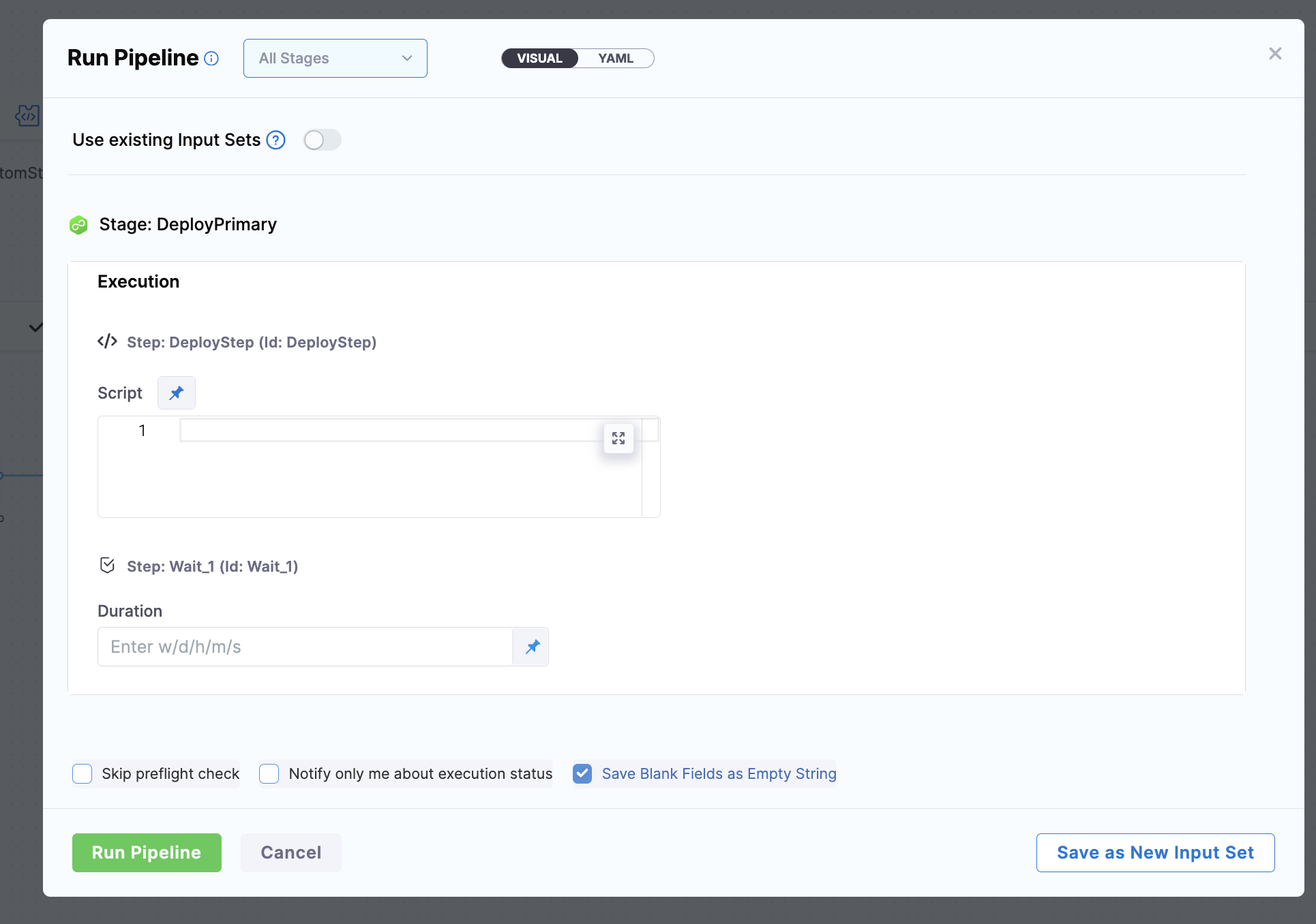 Click to view full size image Run Stage dialog showing runtime input fields for a manually executed stage