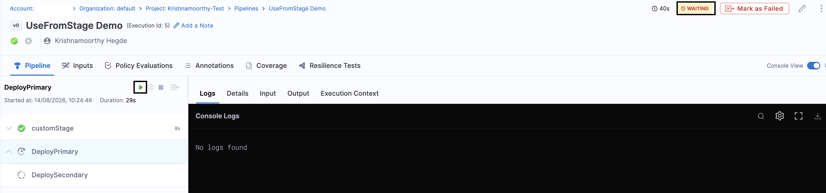 Click to view full size image Run button on a stage card in the execution view