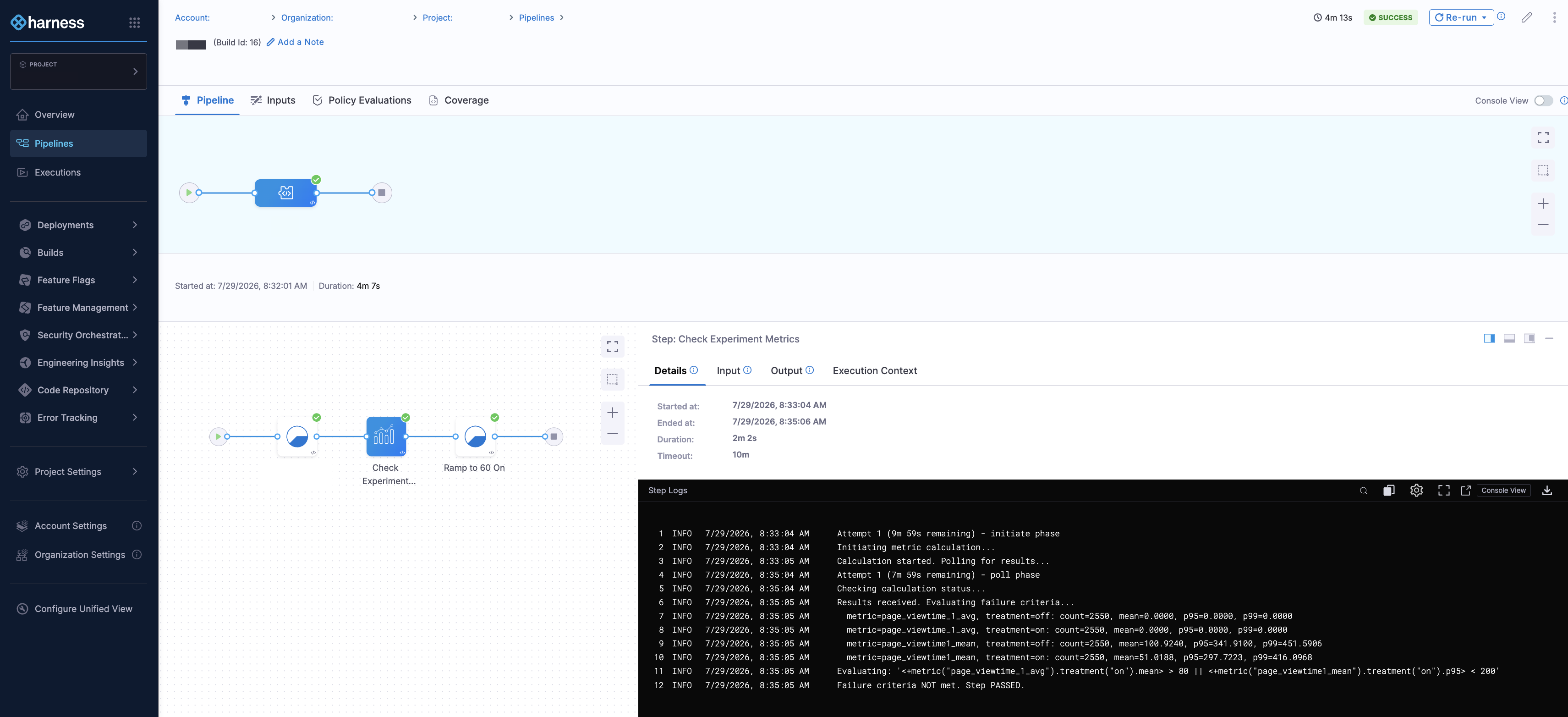 Metric Check step execution details view showing the Details, Input, Output, and Execution Context tabs in the Pipeline execution page