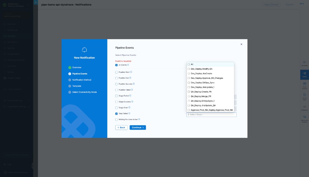 Selecting specific steps for Step Failed notifications