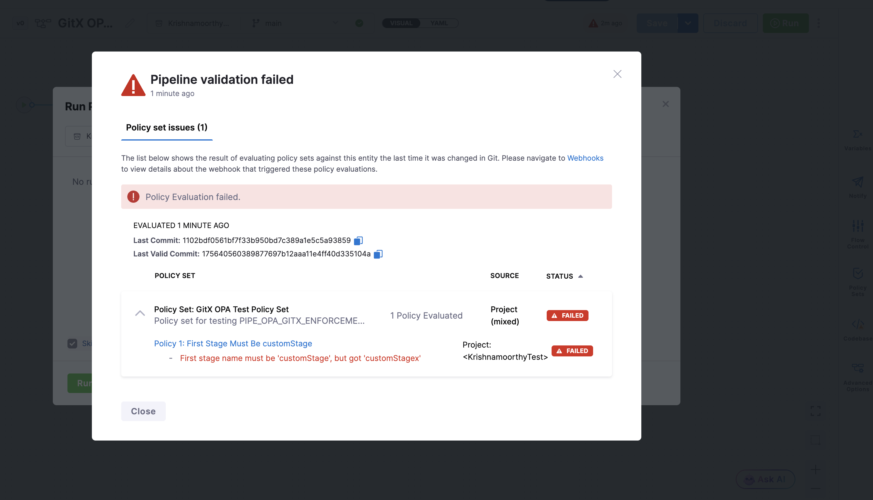 Click to view full size image Run Pipeline blocked by an OPA onSave policy, showing the policy results modal