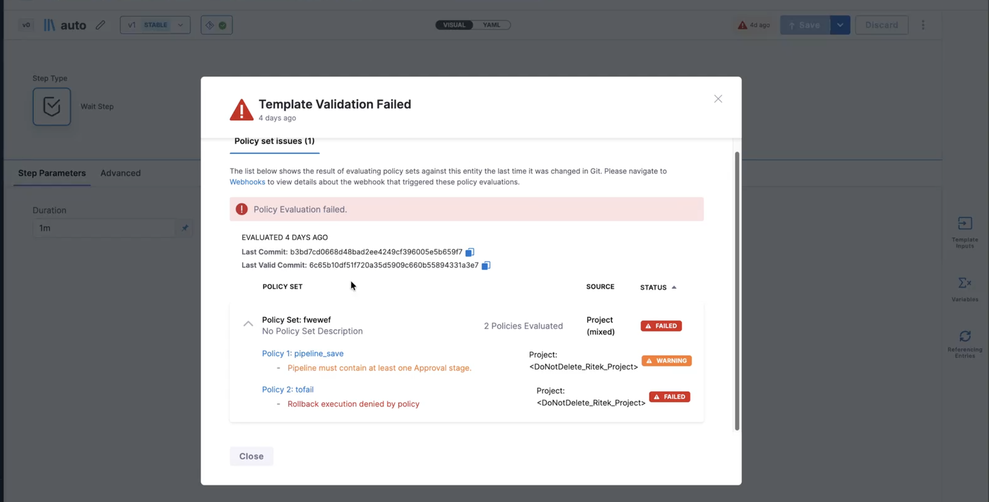 Click to view full size image Template Validation Failed modal showing OPA onSave policy set issues for a Git-backed template