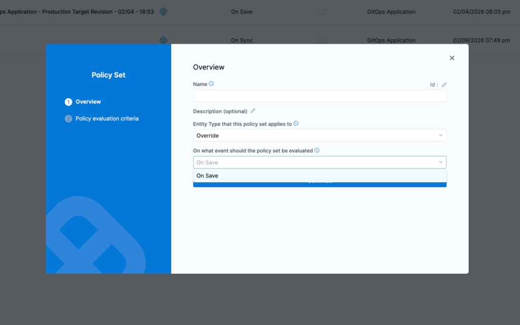 Override policy set — entity type and event
