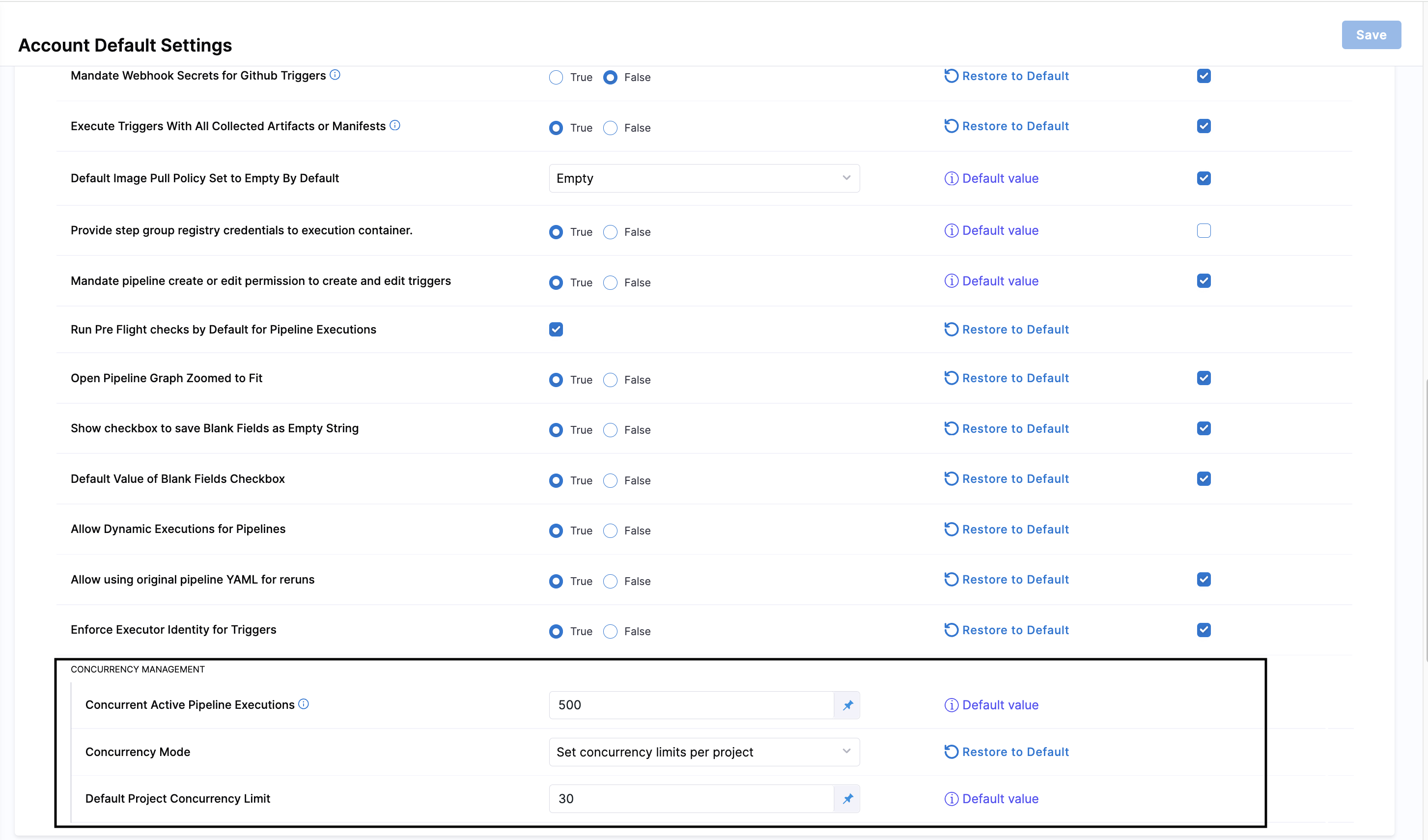 Concurrency Management settings in per-project mode, showing the Default Project Concurrency Limit field