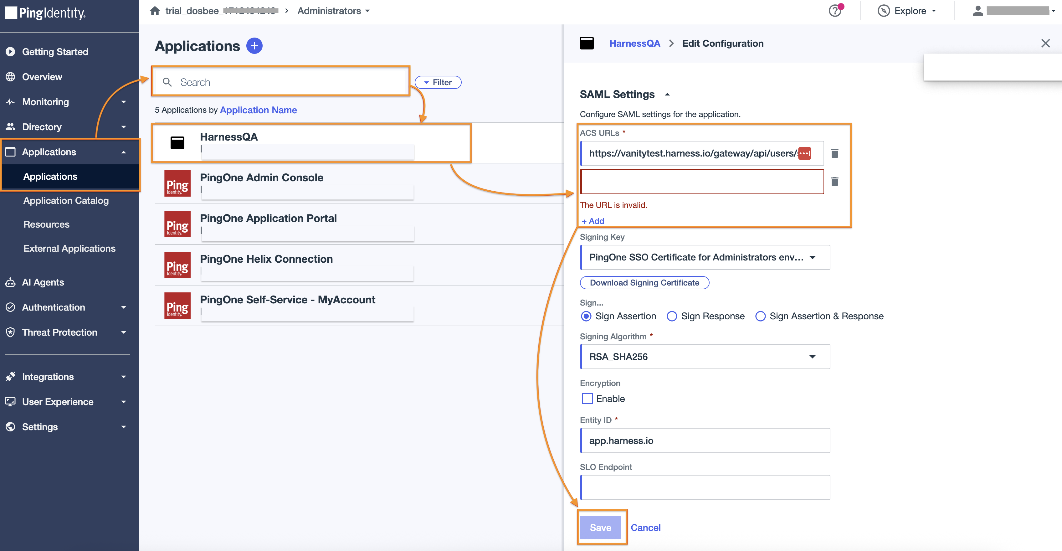 Click to view full size image PingOne ACS URL configuration