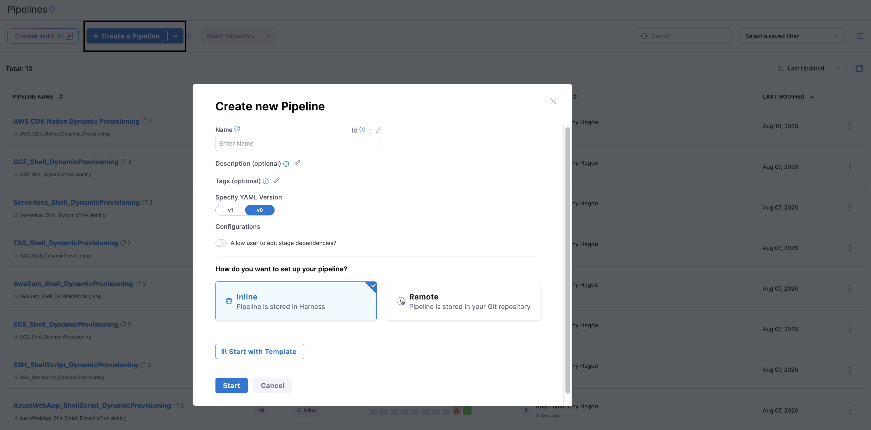 Click to view full size image Create new Pipeline dialog showing the Name field, Inline and Remote storage options, and the Start button