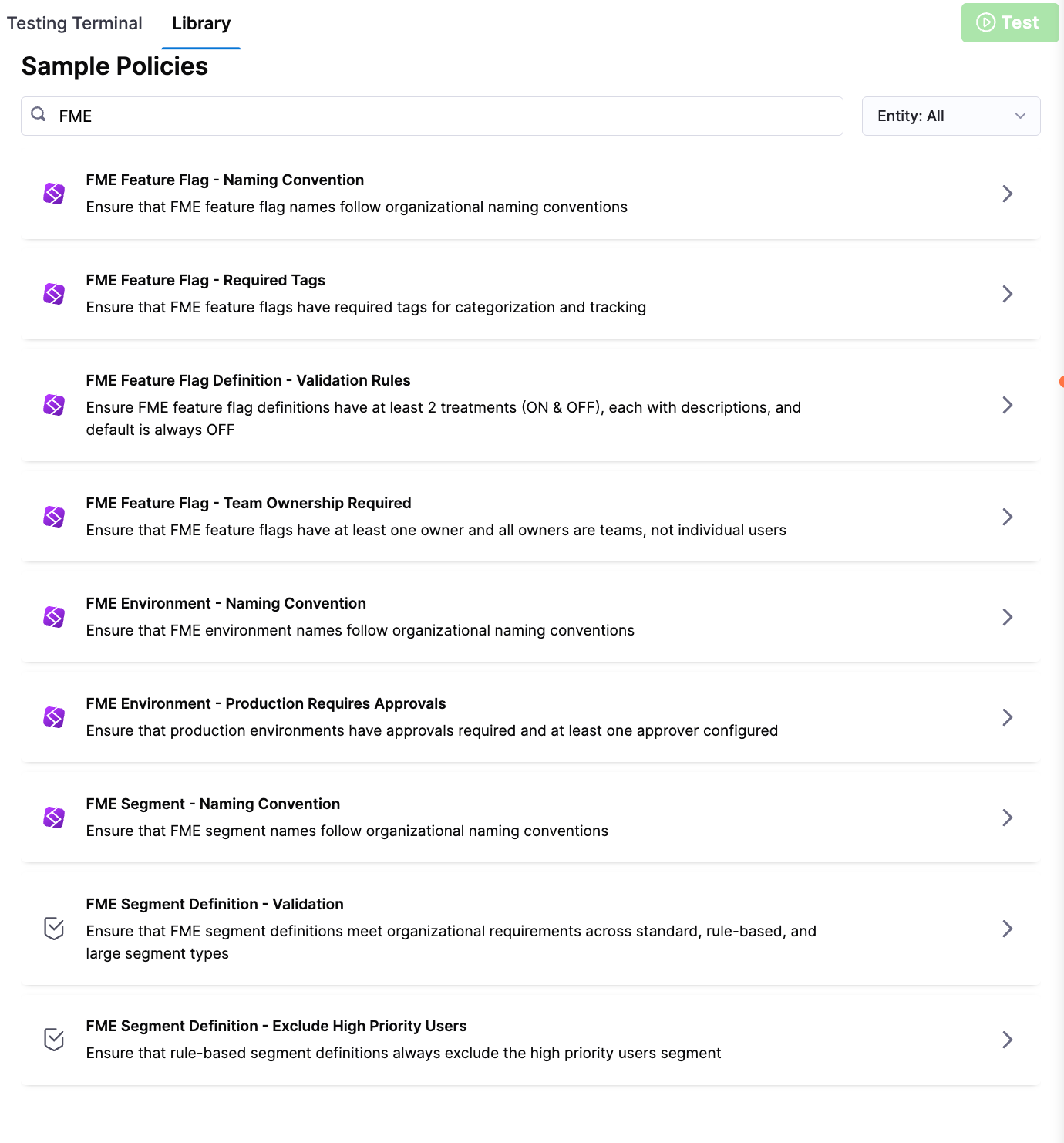 FME policy library tab with sample policies