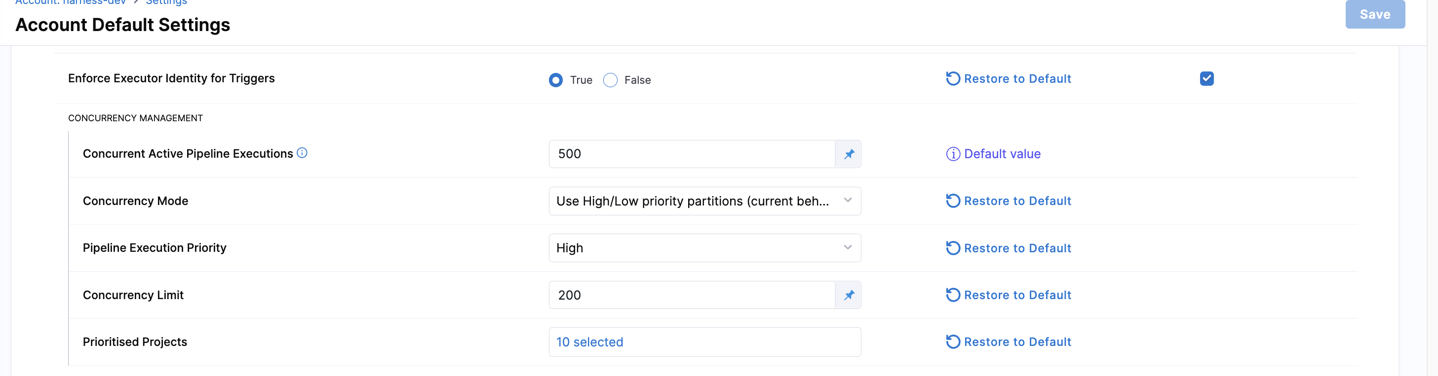 Concurrency Management settings in High/Low priority partition mode, showing Concurrency Mode, Pipeline Execution Priority, Concurrency Limit, and Prioritized Projects