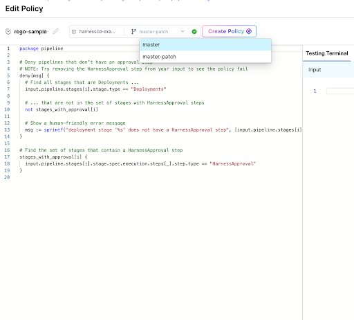 Branch selector in the Rego policy editor showing available branches