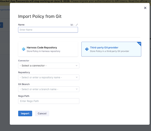 Import Policy from Git dialog with connector, repository, branch, and path fields