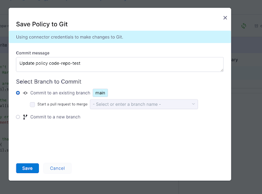 Save Policy to Git dialog with branch selection and PR options