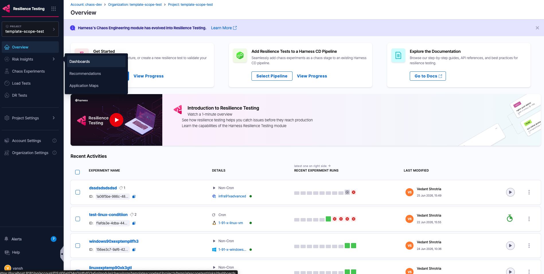 The Dashboards item under the Risk Insights section of the Resilience Testing left navigation