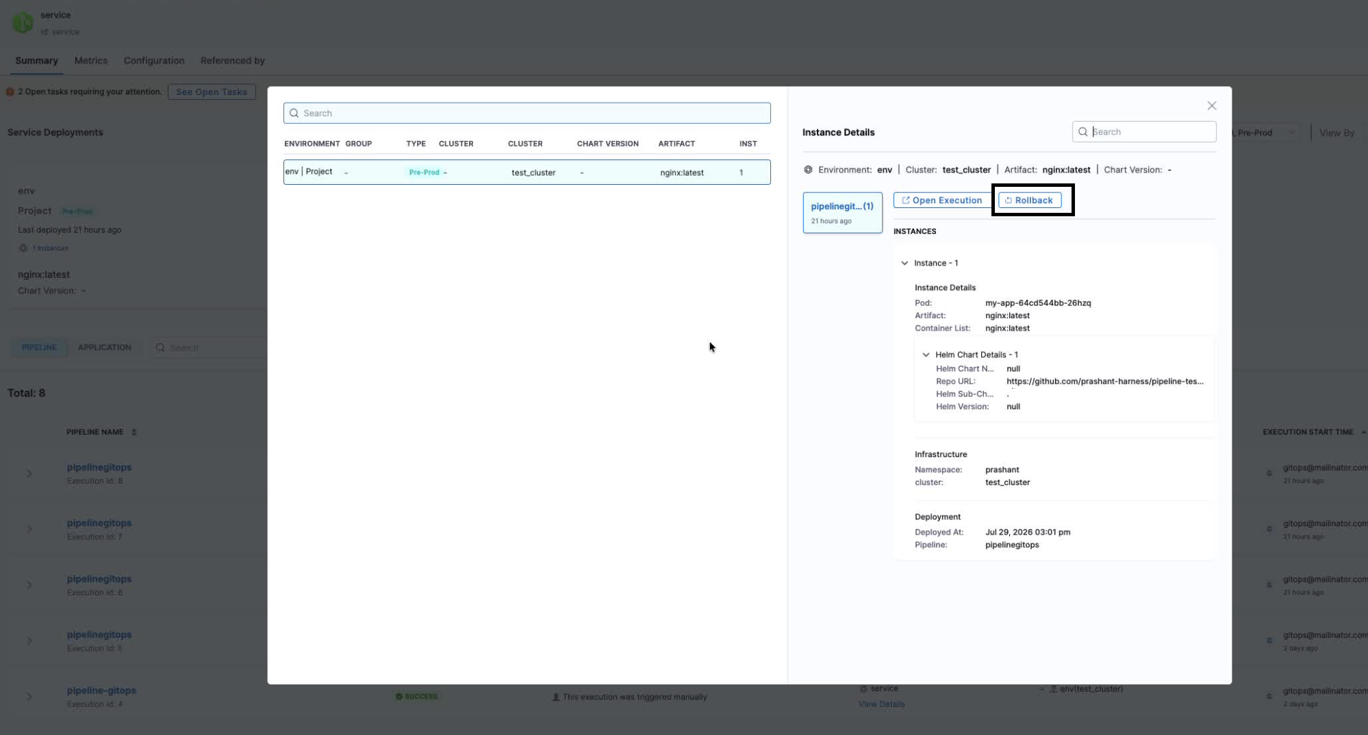 Click to view full size image Rollback button in Instance Details for successful GitOps deployment