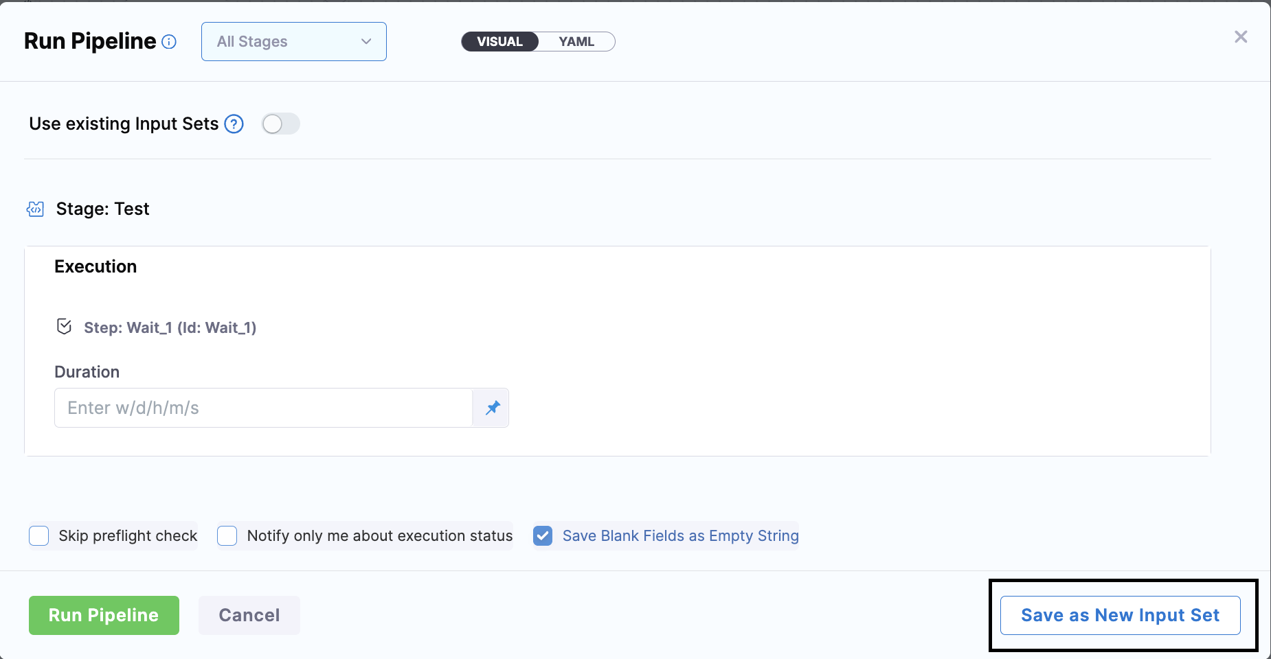 Save as New Input Set button in pipeline run dialog