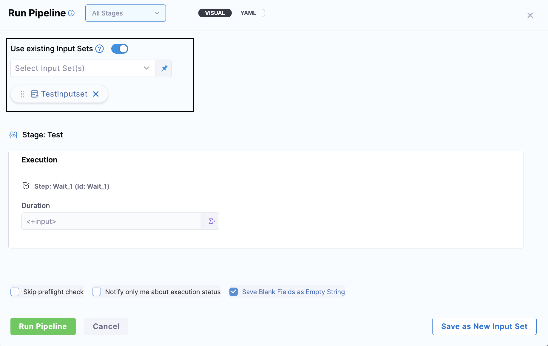Input set selection dialog for pipeline execution