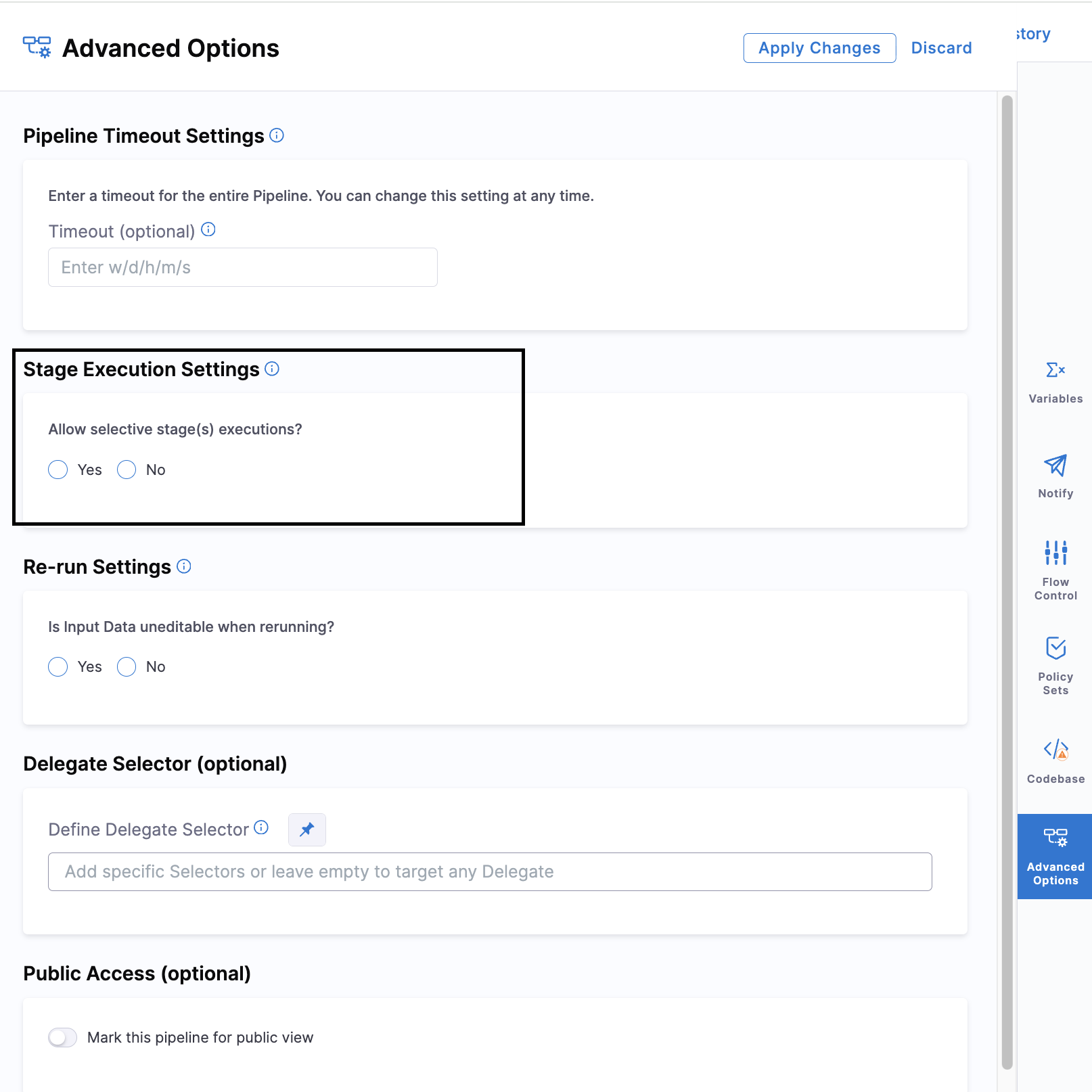 Click to view full size image Stage Execution Settings showing Allow selective stage(s) executions option