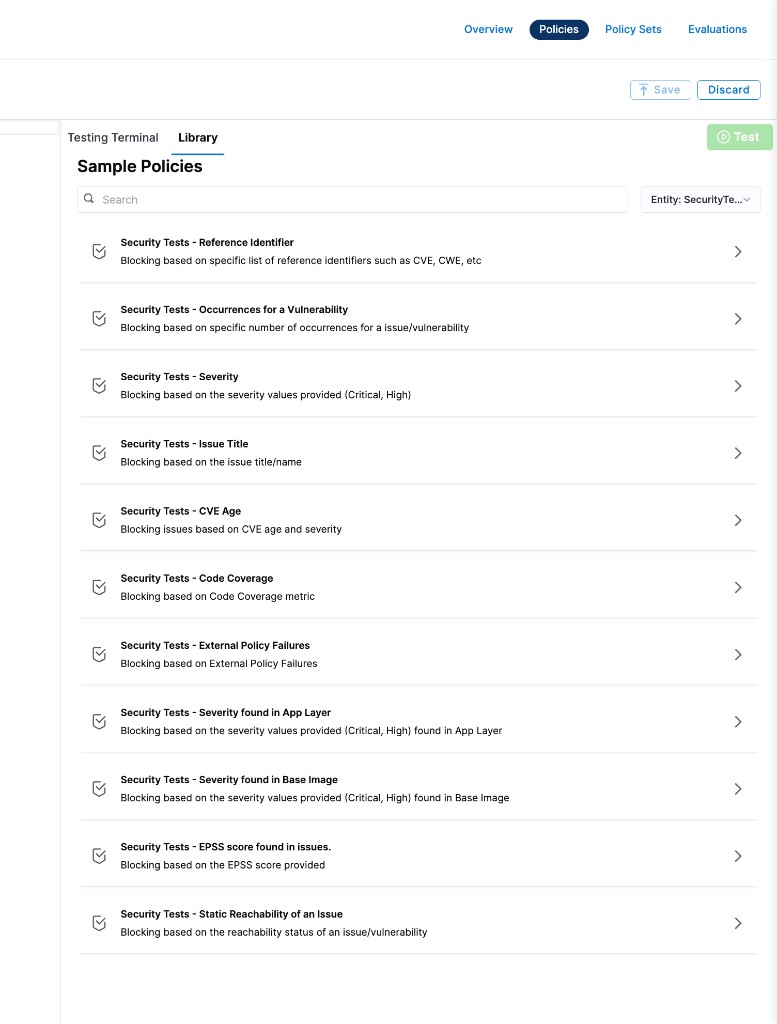 Security Tests sample policies in the Library panel