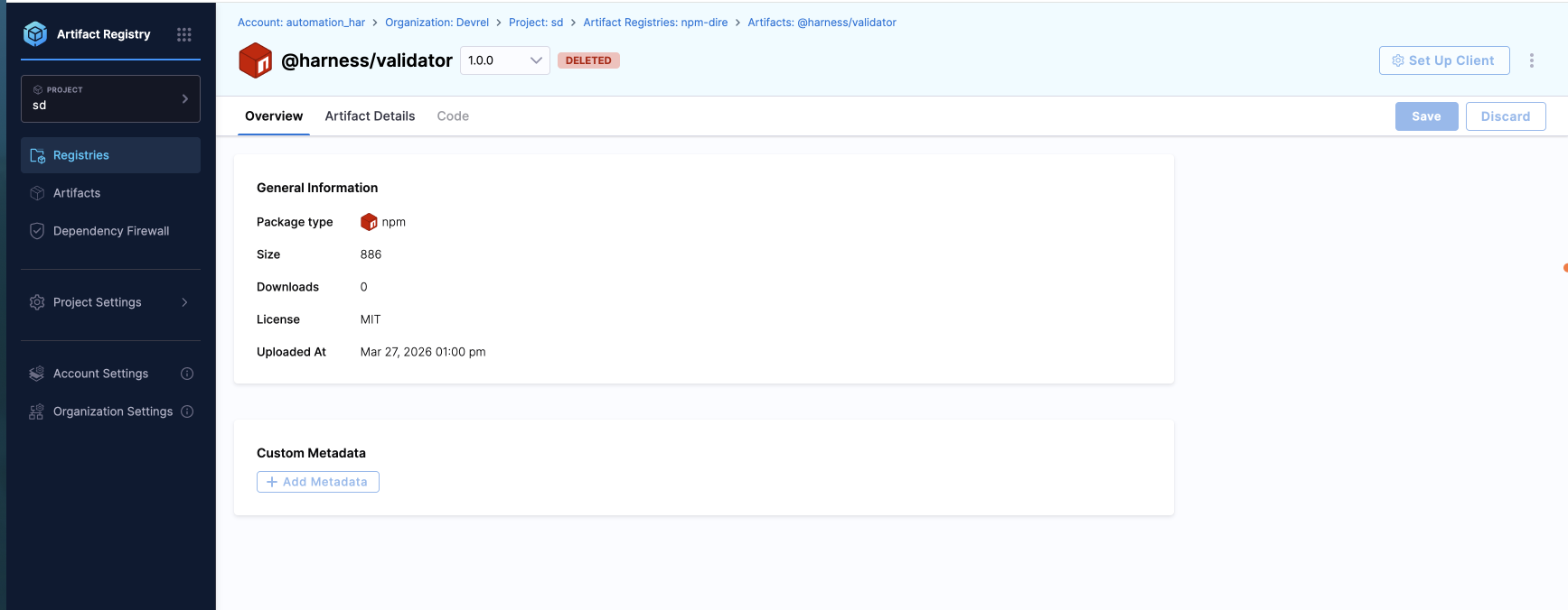 Package Versions tab with Available and Deleted sections for versions