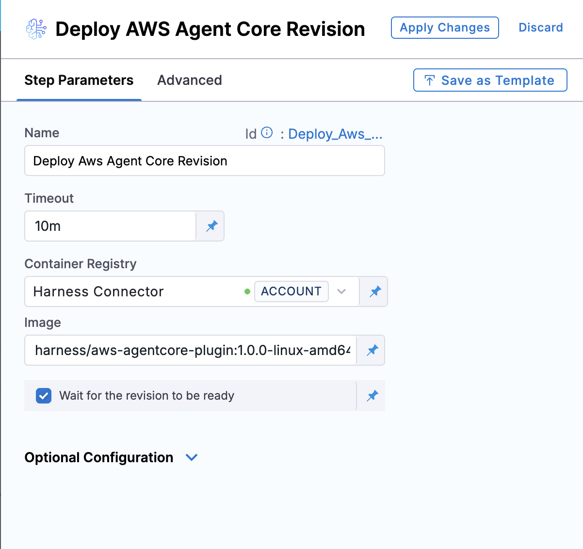 Click to view full size Deploy AWS Agent Core Revision step parameters showing timeout, container registry, image, and wait for revision ready