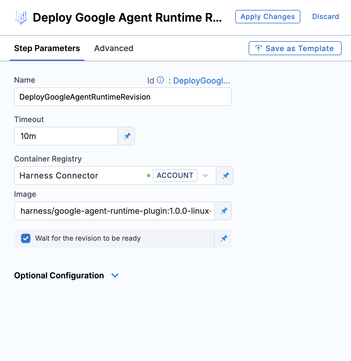 Deploy Google Agent Runtime Revision step parameters showing timeout, container registry, image, and wait for revision ready