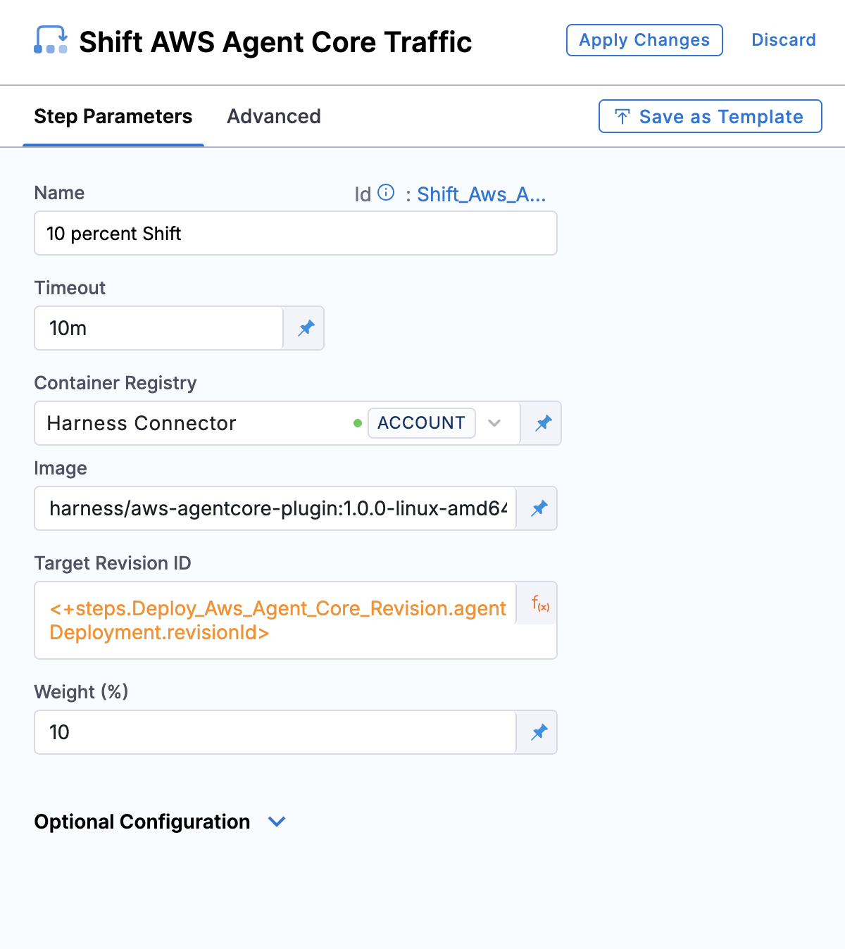 Click to view full size Shift AWS Agent Core Traffic step parameters showing image, target revision ID, and weight