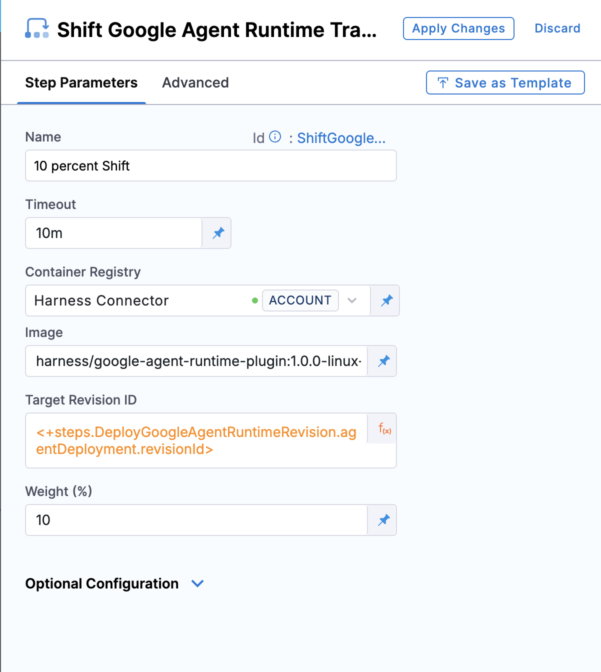 Shift Google Agent Runtime Traffic step parameters showing image, target revision ID, and weight