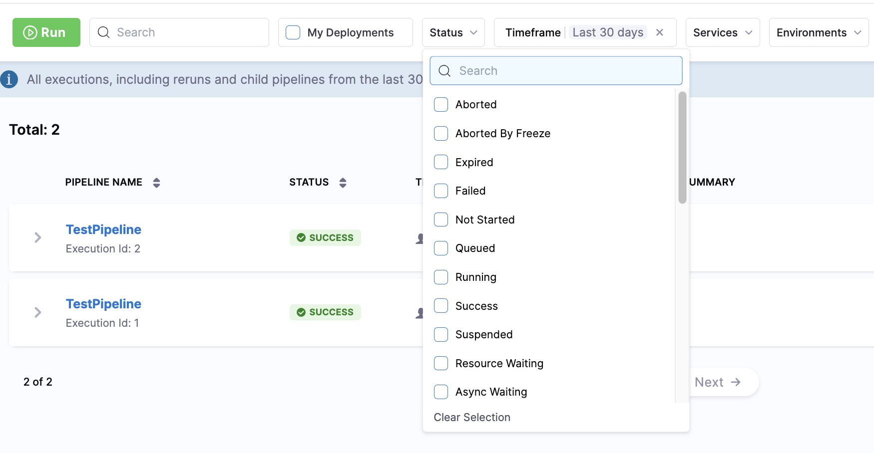 Click to view full size image Status filter dropdown showing available pipeline status values for conditional execution
