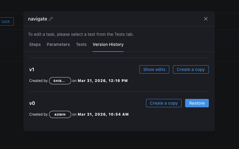Task details with Version History tab listing task versions and actions