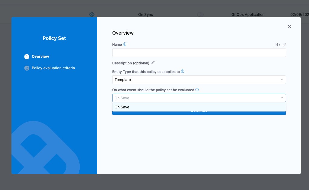Template policy set — entity type and event